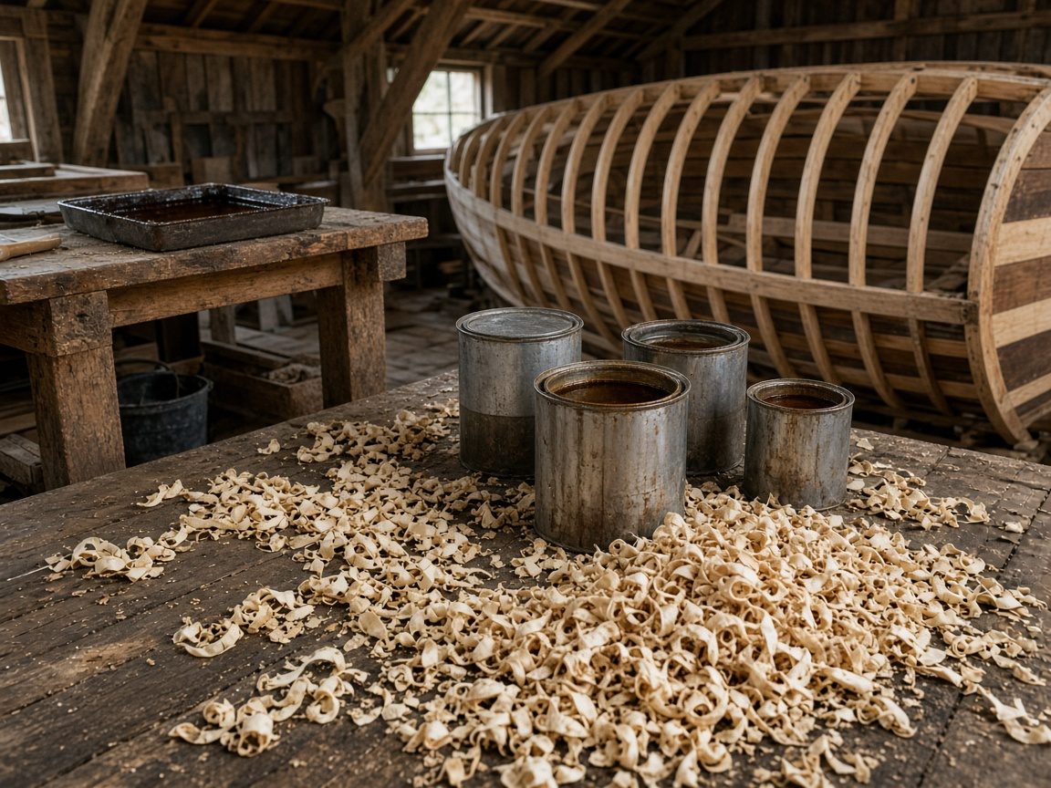 Officina dello squero a Venezia, trucioli di legno e barattoli di vernice