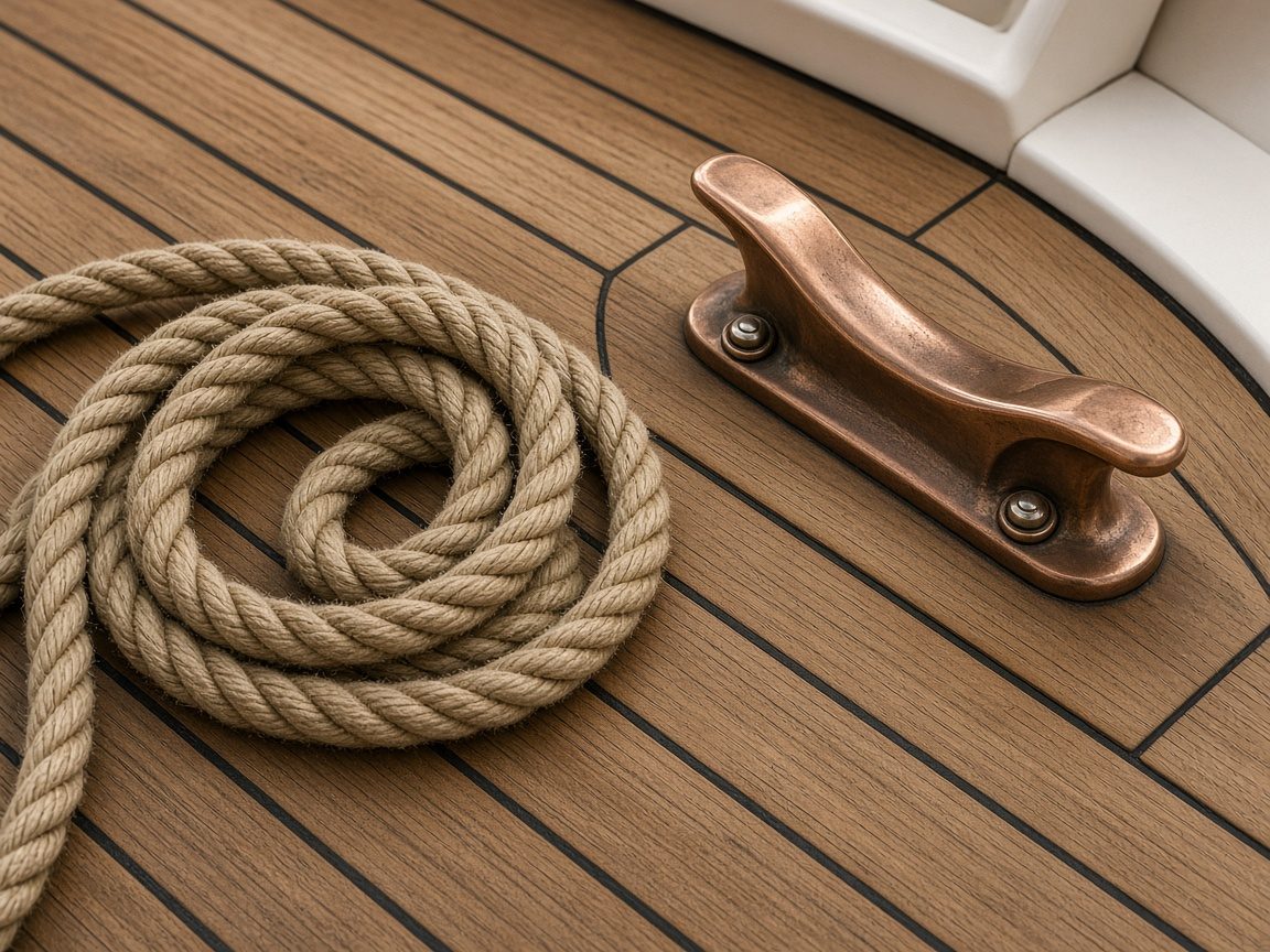 Dettaglio di teak sul ponte con cavo arrotolato