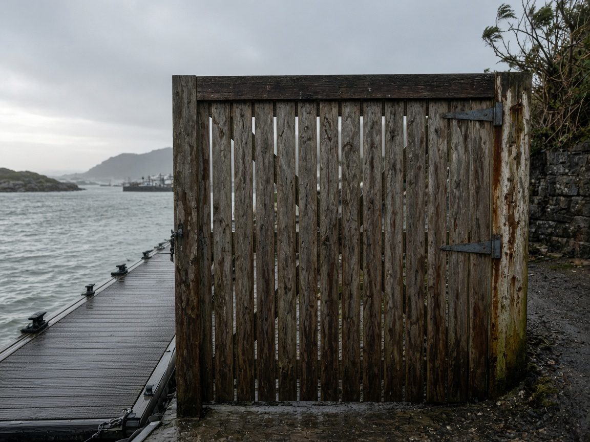 Cancello dello squero chiuso, pontile silenzioso