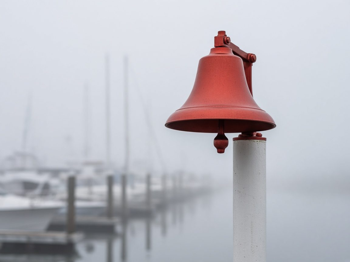 Campana da nebbia in rame su un palo bianco della laguna