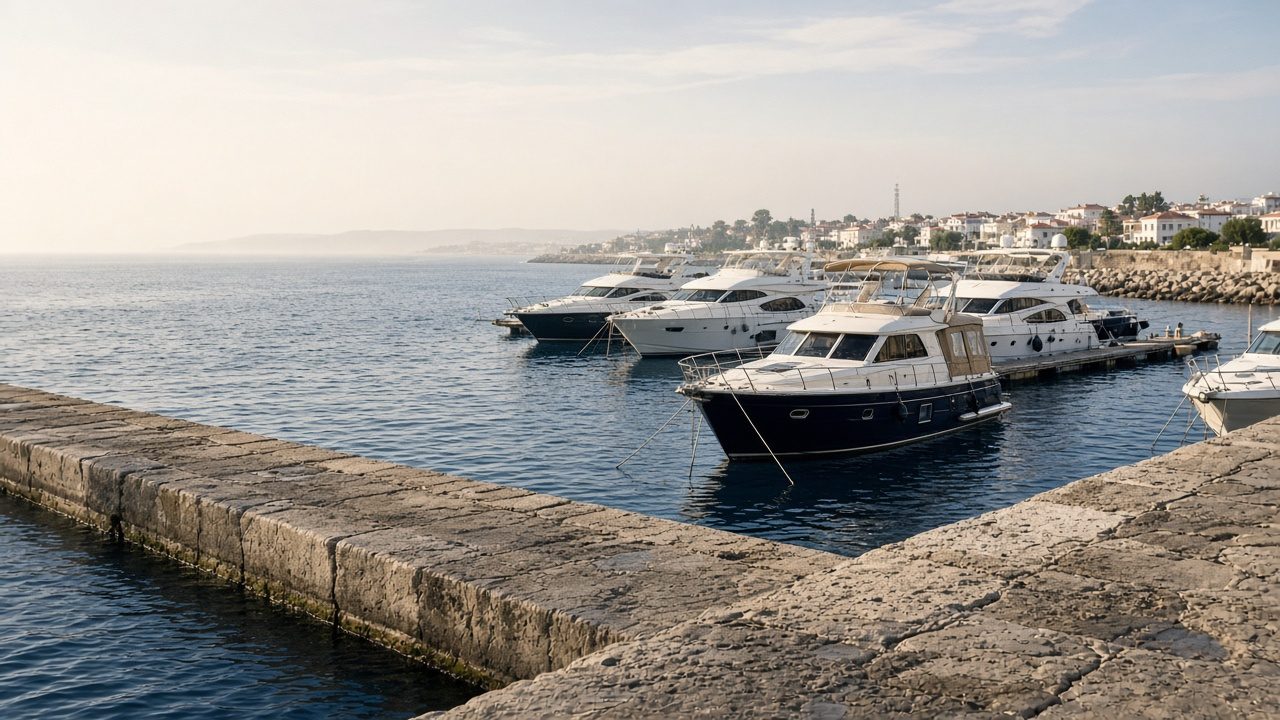 Laguna di Venezia all'alba, yacht alla fondamenta di pietra