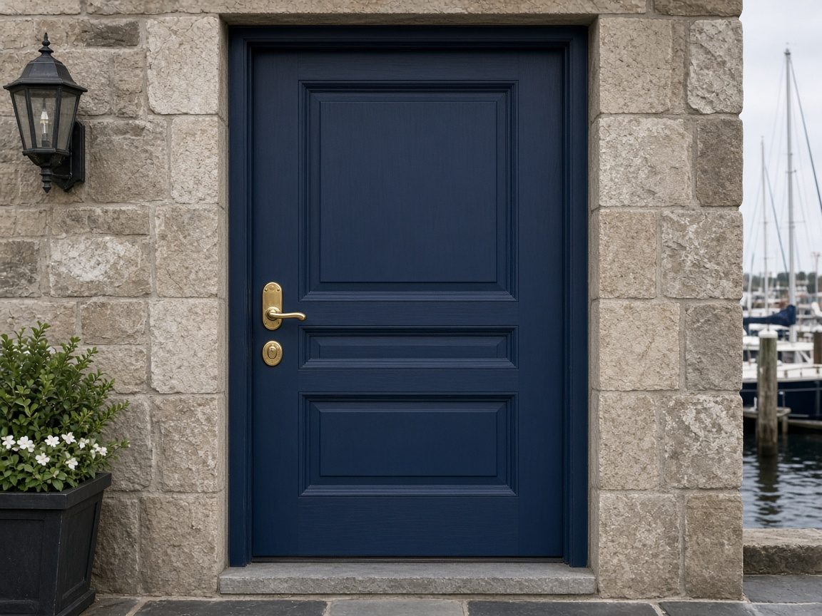 Porta dell'ufficio sulla laguna a Venezia, vernice color mare e maniglia in ottone